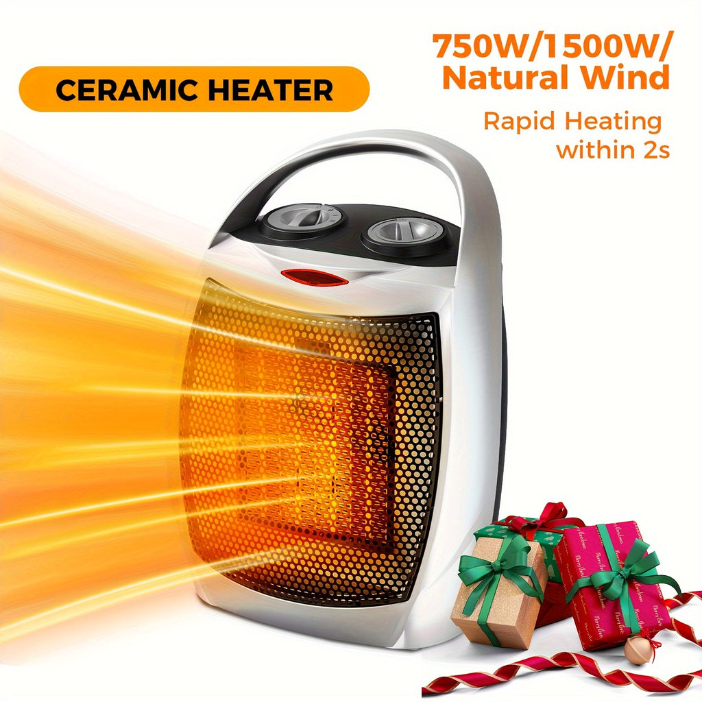 1500W Small Space Heater, Electric Heater, PTC Fast Heating Ceramic Heater, 3 Modes, Adjustable Thermostat, Overheat/ Tip-Over Protection, Portable Heater Fan for Office Room Desk Indoor Use, Silver.