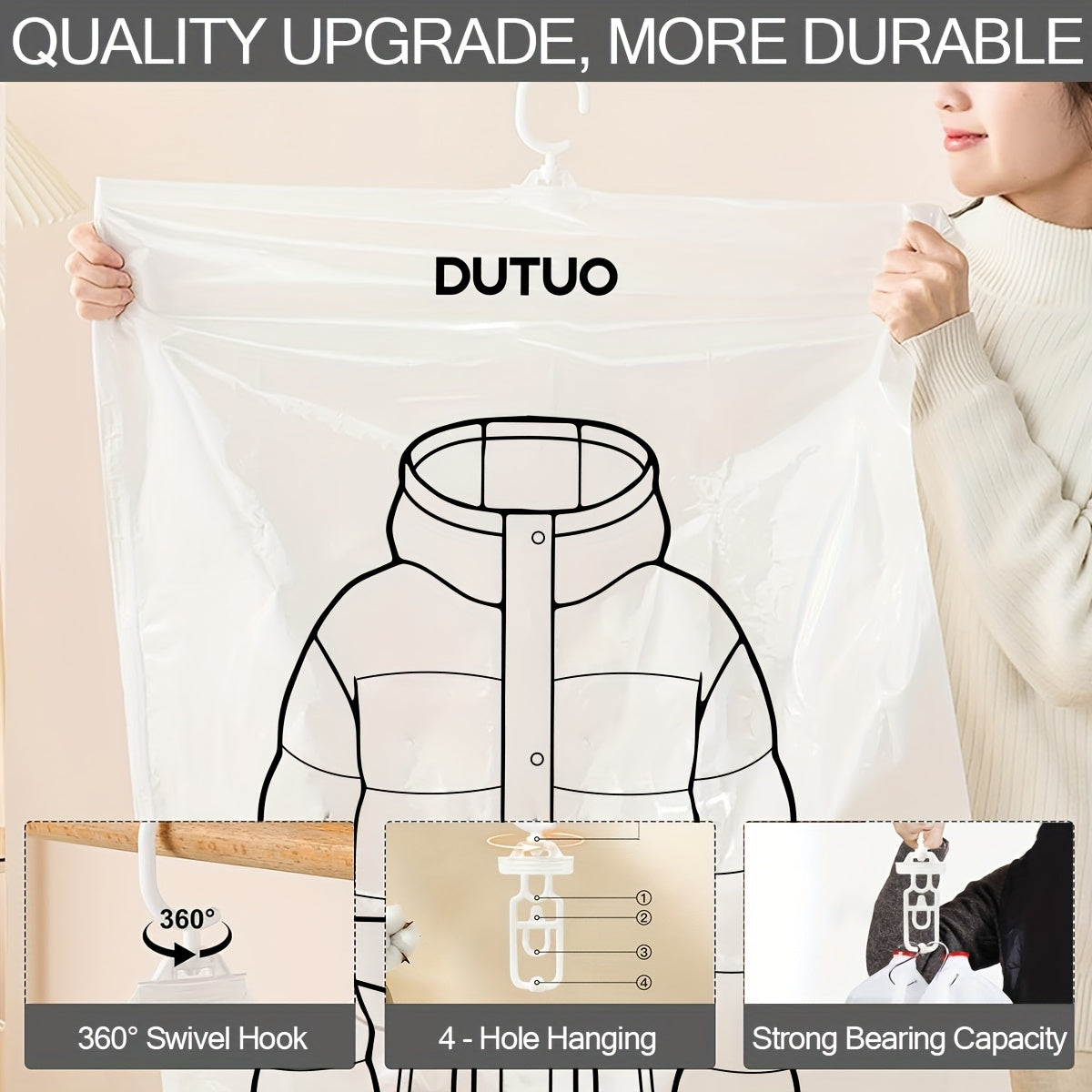 8-Pack Hanging Vacuum Storage Sealer Bags, Space Saving, for Clothes, Suits And Jackets, Wardrobe Organizer Bags, Travel, 8pcs Set (4 Long Bags, 4 Short Bags), White And Transparent