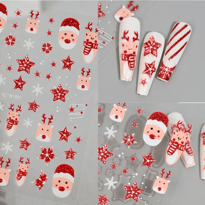 6 Sheets 5D Embossed Cute Cartoon Christmas Nail Art Stickers- Self-Adhesive Nail Decals with Santa Claus Snowman Elk Xmas Tree Designs, Festival Themed Nail Art Accessories Supplies for Women, Party Nails, Festive Manicure,