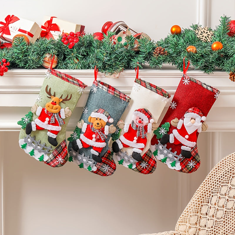 4pcs Christmas Gift Sock Set, Large Linen Candy Bags with Snowflake, Santa, Snowman, Reindeer, and Bear Patterns, Decorative Long Socks for Holiday Parties, Christmas Tree, or Fireplace, Christmas Socks, Christmas Home Decor,
