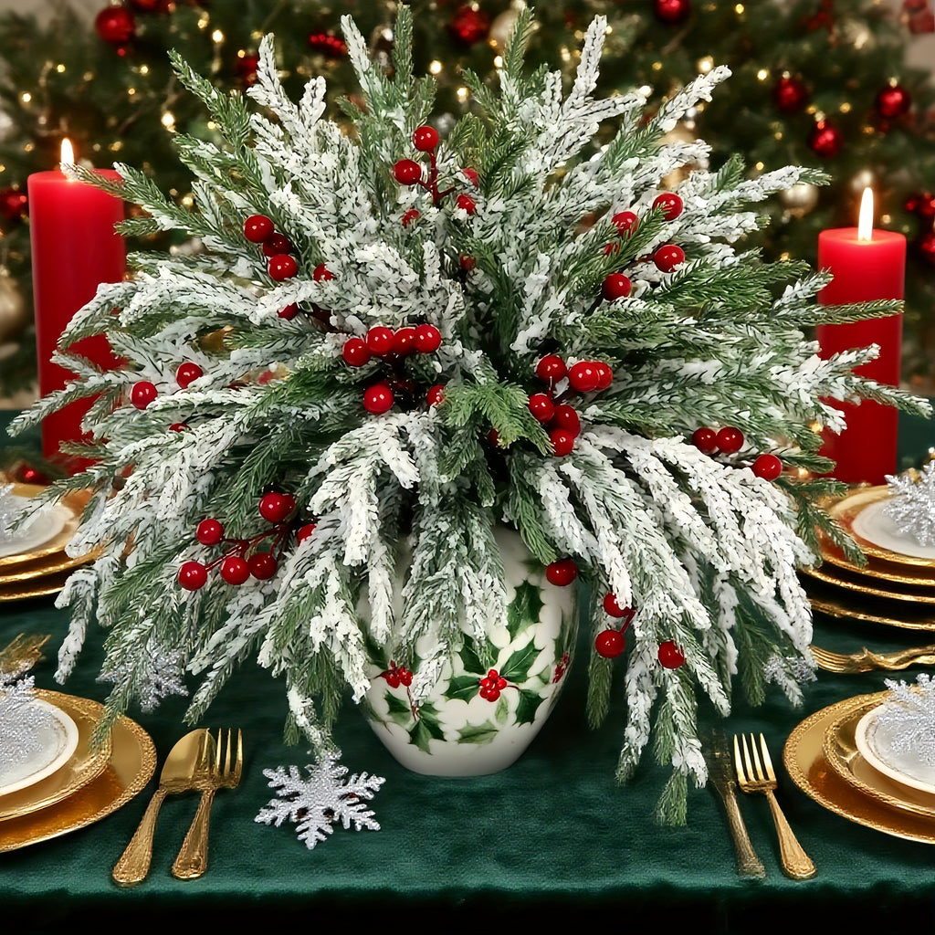 30pcs - Outdoor Artificial Norfolk Pine Branches with Red Berries - Realistic Pine Tree Wreath, Green Needles and Snow-Covered, Suitable for Outdoor Use - Christmas