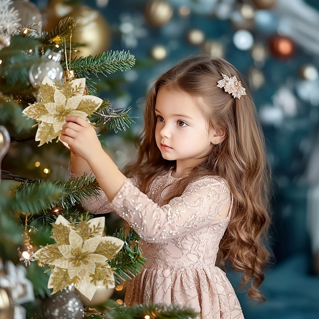 [Shiny Golden Christmas Flowers] 20pcs Shiny Golden Christmas Flowers | 10 Blooms & 10 Clips, No Electricity Needed, Durable Plastic Poinsettia for Xmas Tree Wreaths, Weddings, Parties, Holiday Decorations, Festive Floral Arr