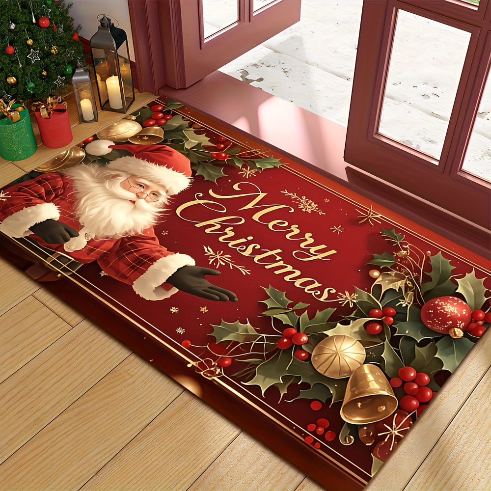 [Christmas Welcome Mat] 1pc Christmas Welcome Mat | Santa Claus & Tree Pattern | "Merry Christmas" Text | Machine Washable | Festive Holly Berry Golden Accents | Indoor/Outdoor Door Mat