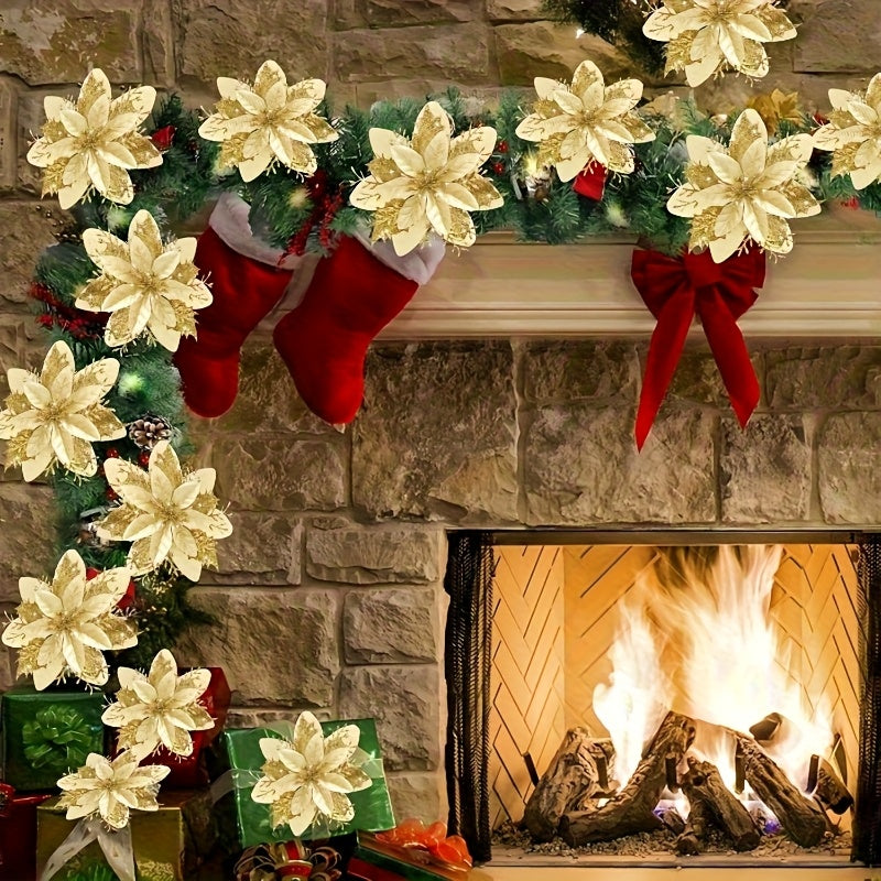 [Shiny Golden Christmas Flowers] 20pcs Shiny Golden Christmas Flowers | 10 Blooms & 10 Clips, No Electricity Needed, Durable Plastic Poinsettia for Xmas Tree Wreaths, Weddings, Parties, Holiday Decorations, Festive Floral Arr