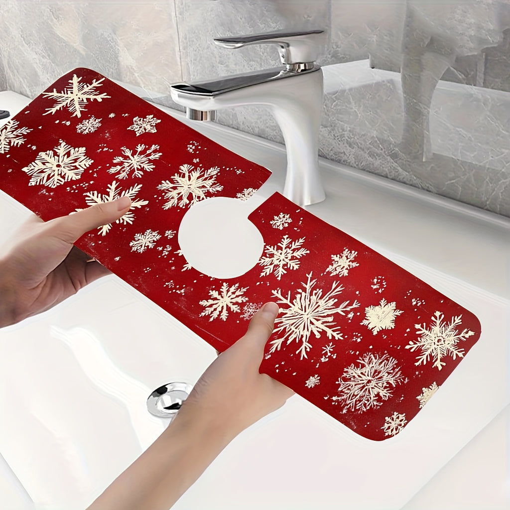 [1PC Christmas Snowflake Mat] Christmas Snowflake Red Dish Drying Mat - 1PC Moisture-Wicking Polyester Kitchen Faucet Pad, Durable and Absorbent Sink Surround Cover for Holiday Decor, Ideal for Home and Gift Use