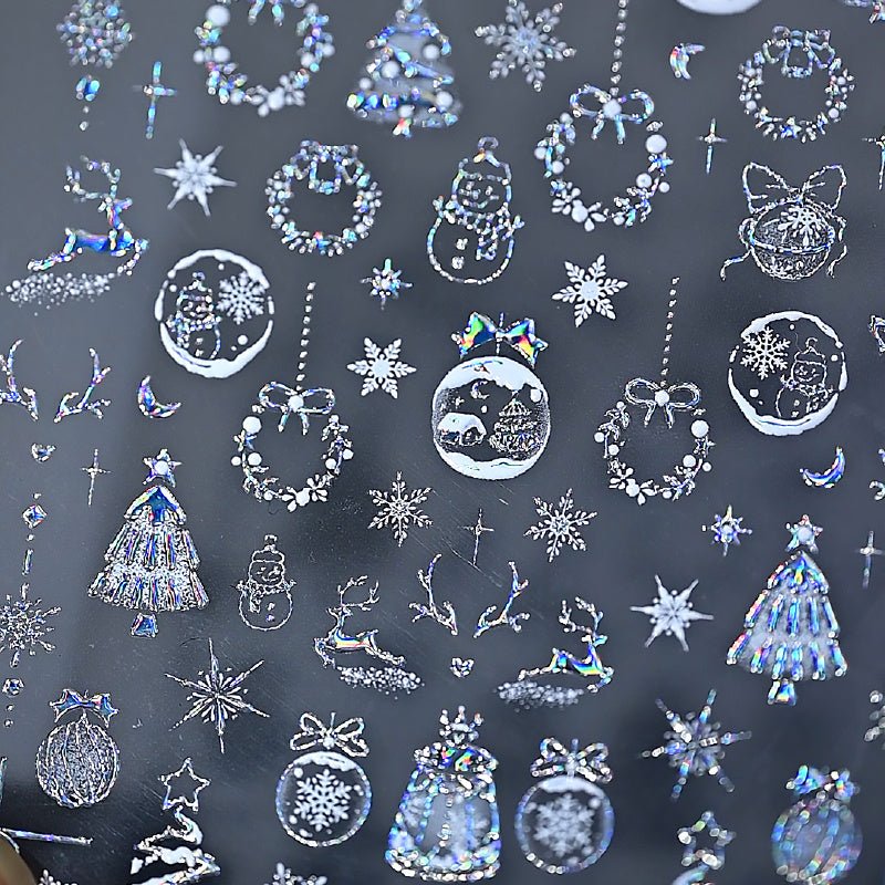 Christmas Nail Stickers - Golden Embossed Snowflakes on Branches, 3D Christmas Tree & Crystal Ball Design with Bells, Reindeer & More Classic Holiday Elements! Sparkling Blingbling Glitter Effect, Easy to Apply with Adhesive