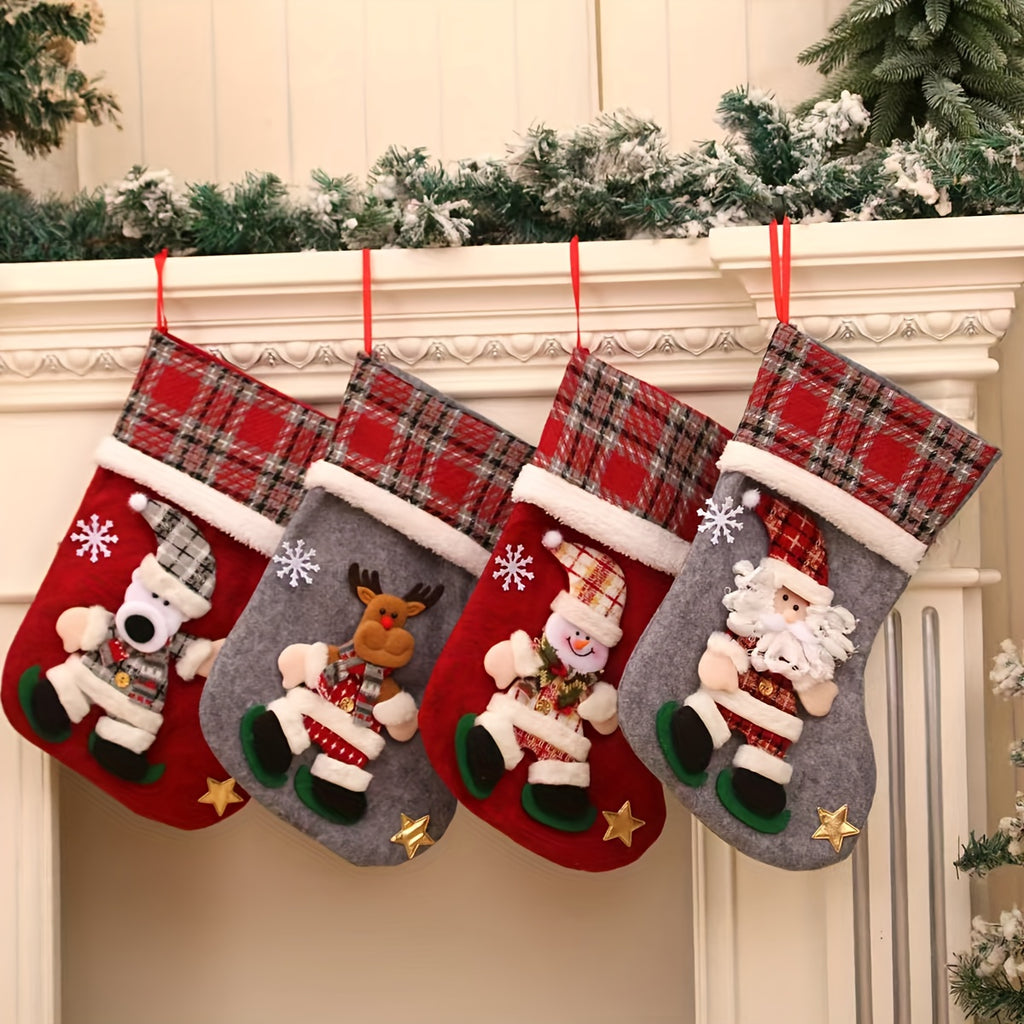 4pcs Christmas Gift Bags, Sock Gift Bags, Christmas Gift Socks, Christmas Decorations, Home Fireplace Tree Decorative Gift Bags, Snowflakes, Santa Claus, Christmas Snowman, Reindeer, Bear, Decorative Socks and More Christmas