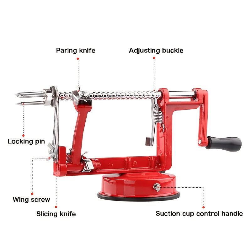 [Heavy-Duty Apple Peeler] Heavy-Duty Apple Peeler & Corer with Stainless Steel Blades - Magnesium Alloy, Ergonomic Handle, Powerful Suction Base for Apples & Potatoes - Red Kitchen Gadget for Effortless Fruit Preparation, App