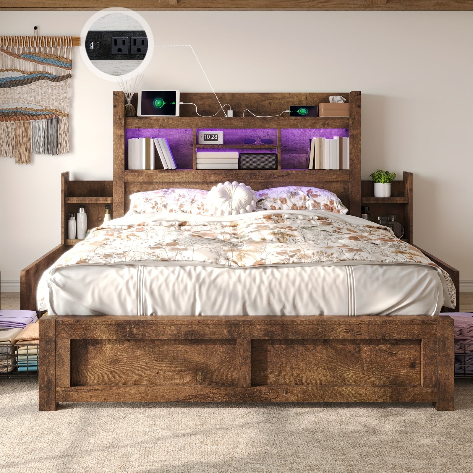 Farmhouse Wooden Bed Frame With 4 Storage Drawers, LED Bed Frame With 49" Tall Bookcase Headboard, Wood Platform Bed With Charging Station & 2 Slide Bedside Shelf