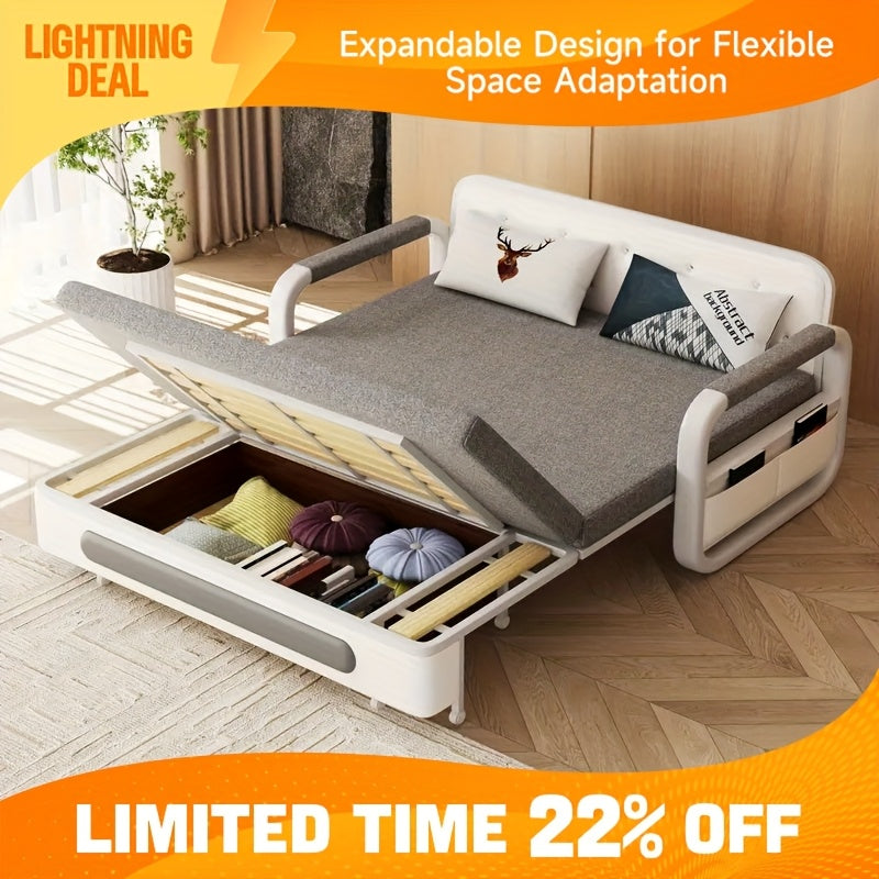 3-in-1 Multifunctional Sofa Bed with Wooden Storage Cabinet, Retractable Double Sofa Bed for Home Use, Space-Saving for Small Apartments, Straight-Line Light Grey Linen Fabric Cushioned Sofa Bed, Suitable for Living Room Or B
