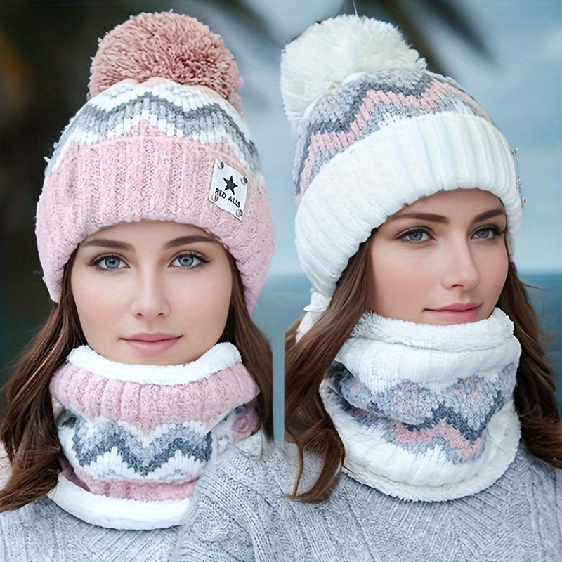 2pcs Winter Women'S Winter Hat and Scarf Set - Star Decoration Pink and White Striped Hat Soft Fleece Beige/Pink/White/Grey/Black, Elastic Stretch Fit, Comfortable Fleece Lining, Suitable for Skiing, Cycling, Daily Cold Weath