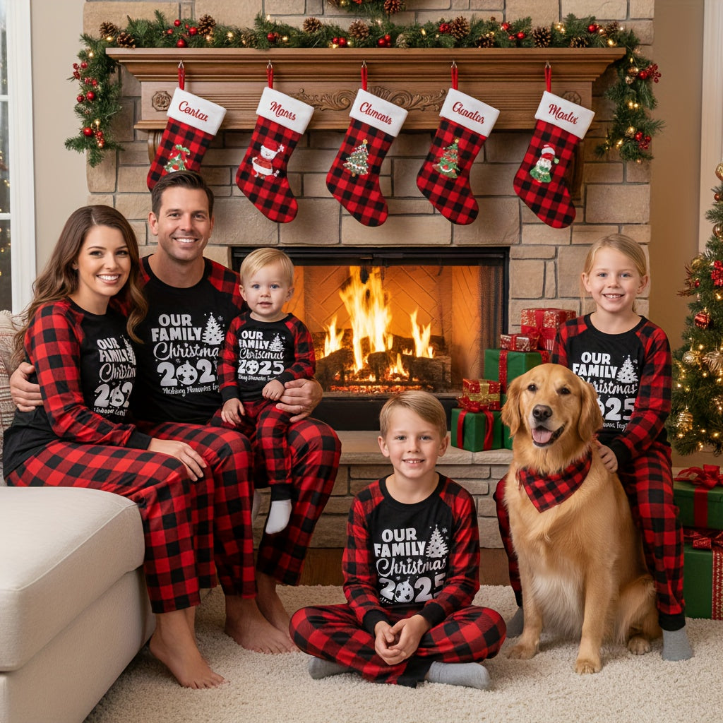 Two Piece Family Matching Christmas Pajamas Set 2025 PJ Party Holiday Gift For Whole Family Flame Resistant Long Sleeve Crew Neck "Making Memories Together" Christmas Tree Contrast Print Black Red Plaid Splice Pants Machine W