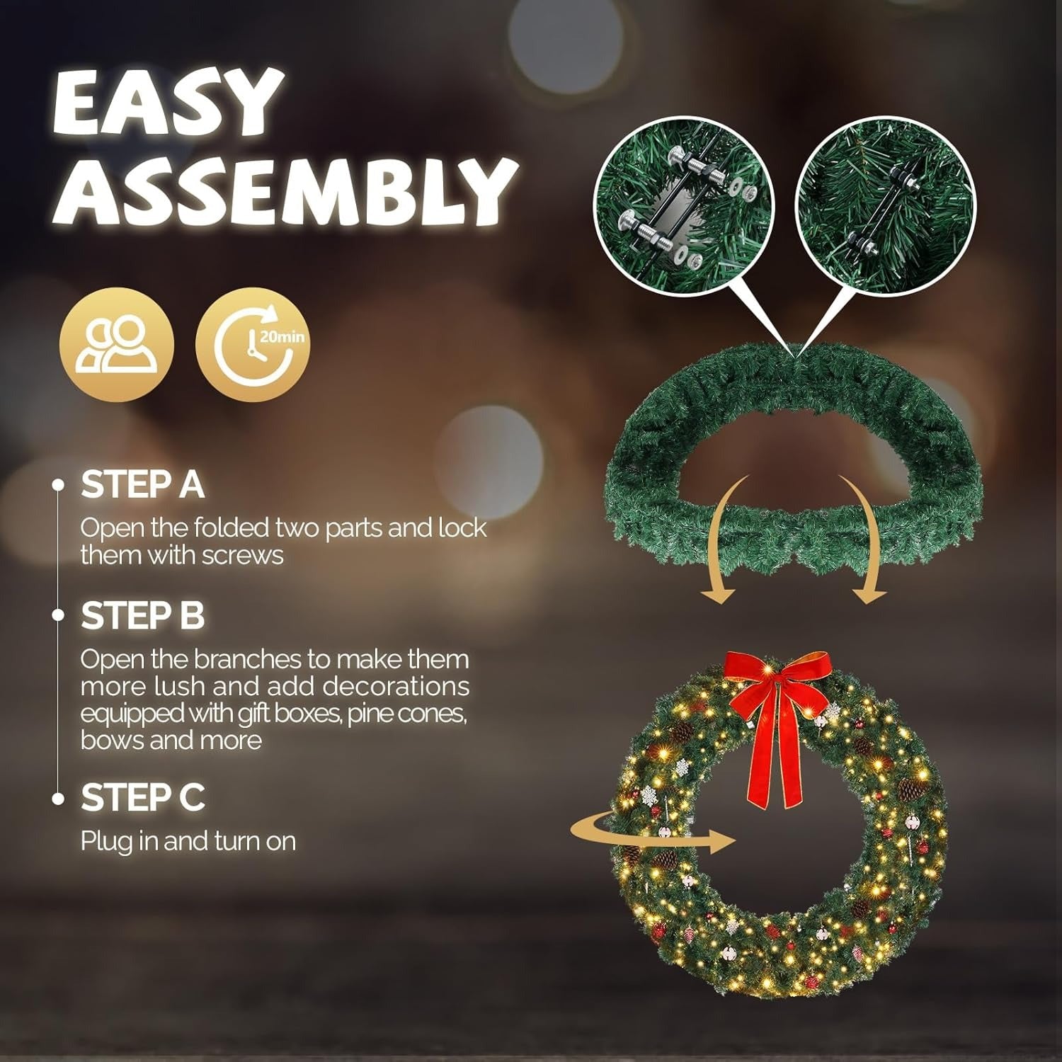 60 Inch Large Pre-lit Christmas Wreath - Xmas Door Garlands with 220 LED Lights, 600 PVC Branch Tips, Bow, Pine Cones & Ornaments - Holiday Home Decor for Door Fireplace Wedding Party Banquet Events- Indoor Easy Hang Christma