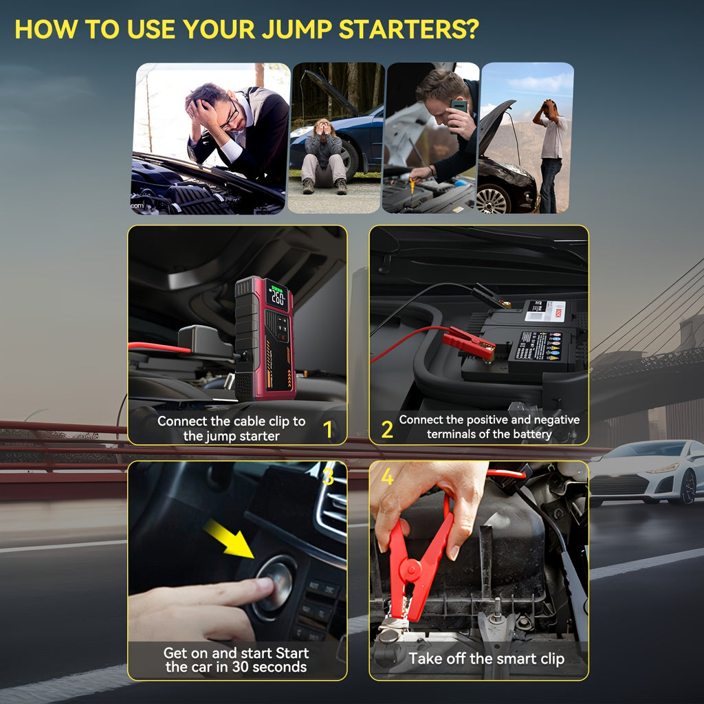 4000A Portable Wireless Car Air Compressor Jump Starter with Air Compressor, Battery Jump Starter Portable Peak, Car Battery Charger Portable For12V(8.0LGas/1.72gal Diesel) Start The Car Quickly, USB Input/output, LED Emergen