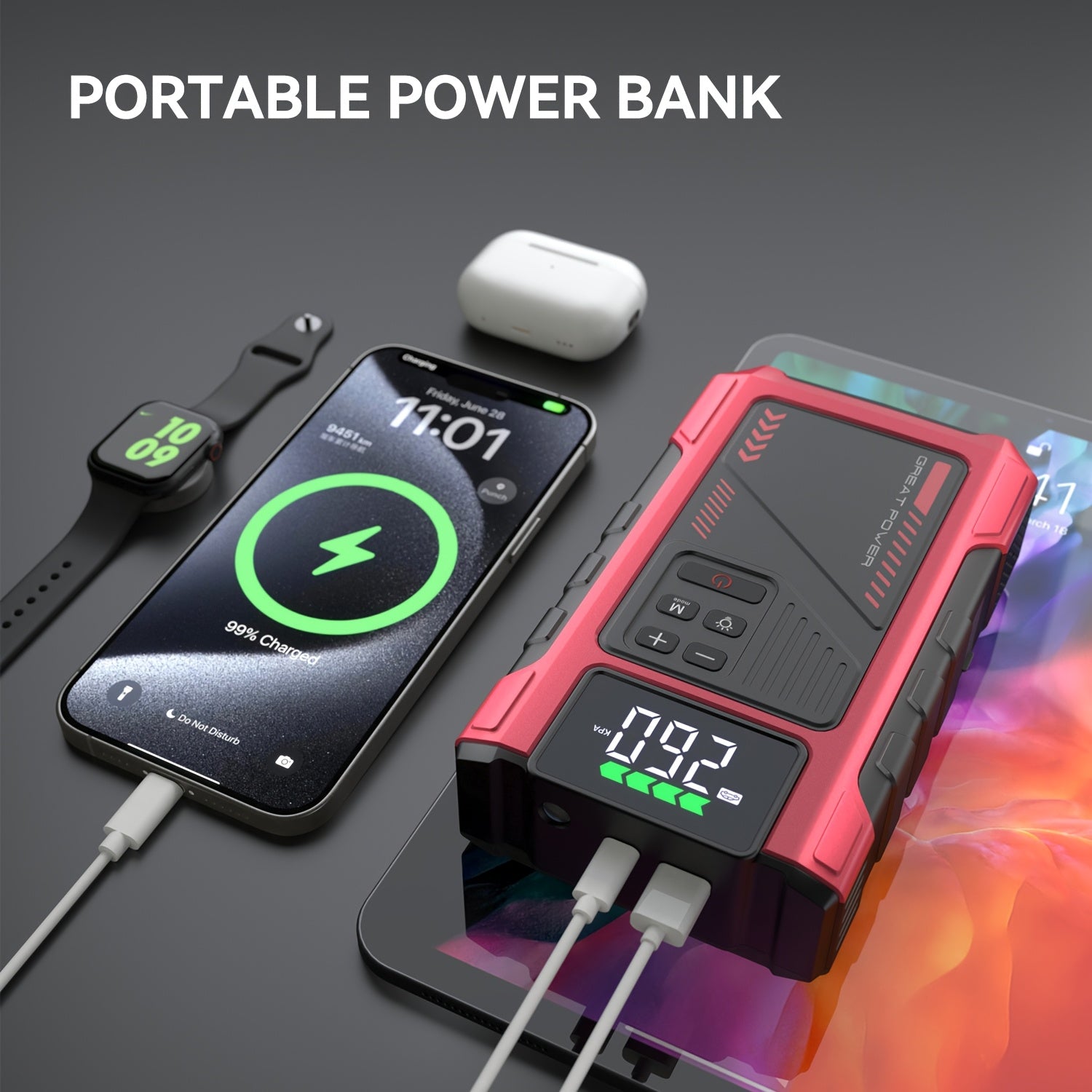 4000A Portable Wireless Car Air Compressor Jump Starter with Air Compressor, Battery Jump Starter Portable Peak, Car Battery Charger Portable For12V(8.0LGas/1.72gal Diesel) Start The Car Quickly, USB Input/output, LED Emergen