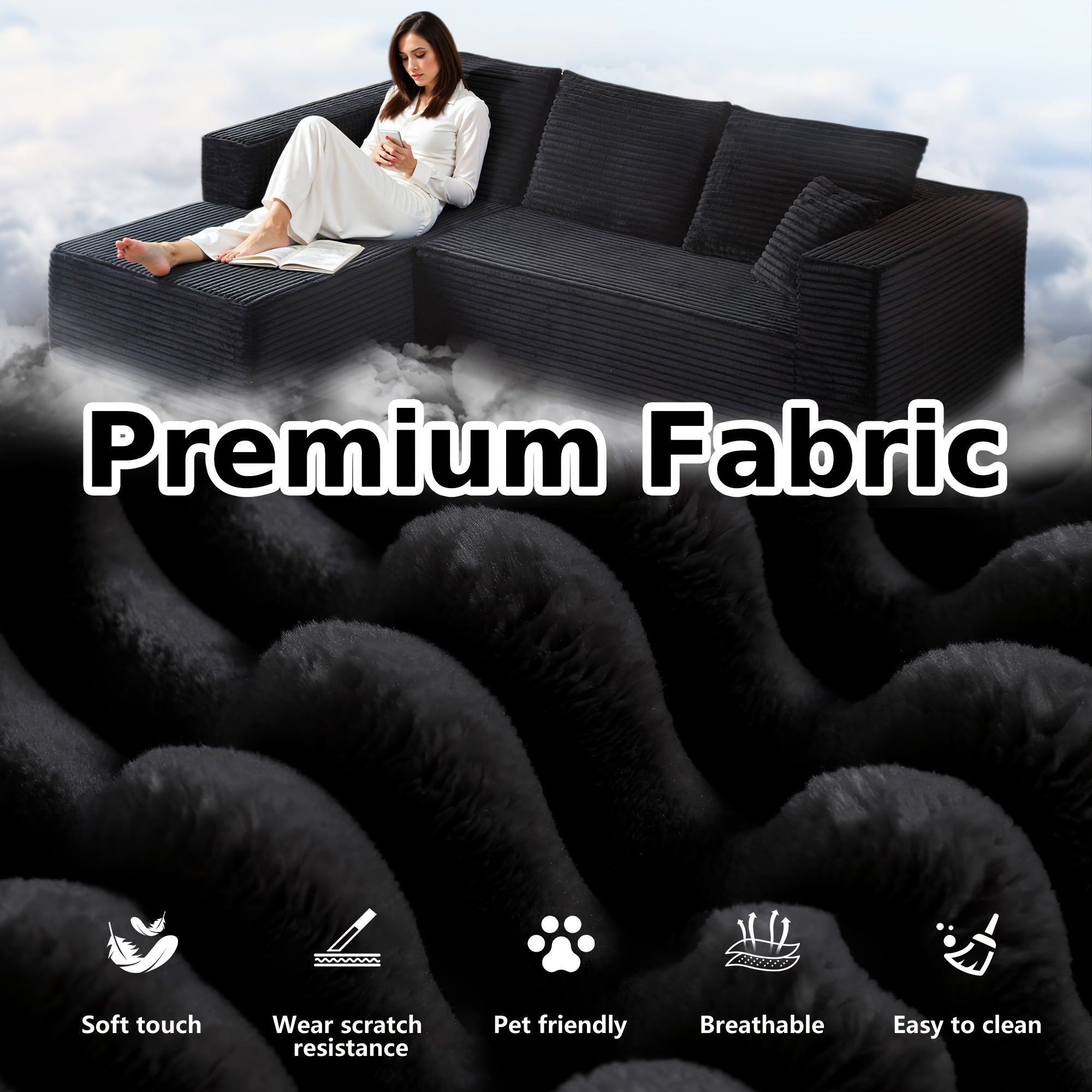 LIAROO Oversized L Shaped Couch With Chaise, Minimalist Compressed Boneless Couch No Assembly Required, Modular Cloud Sectional Sofa For Living Room Bedroom, Right Facing Chaise, Plush Corduroy