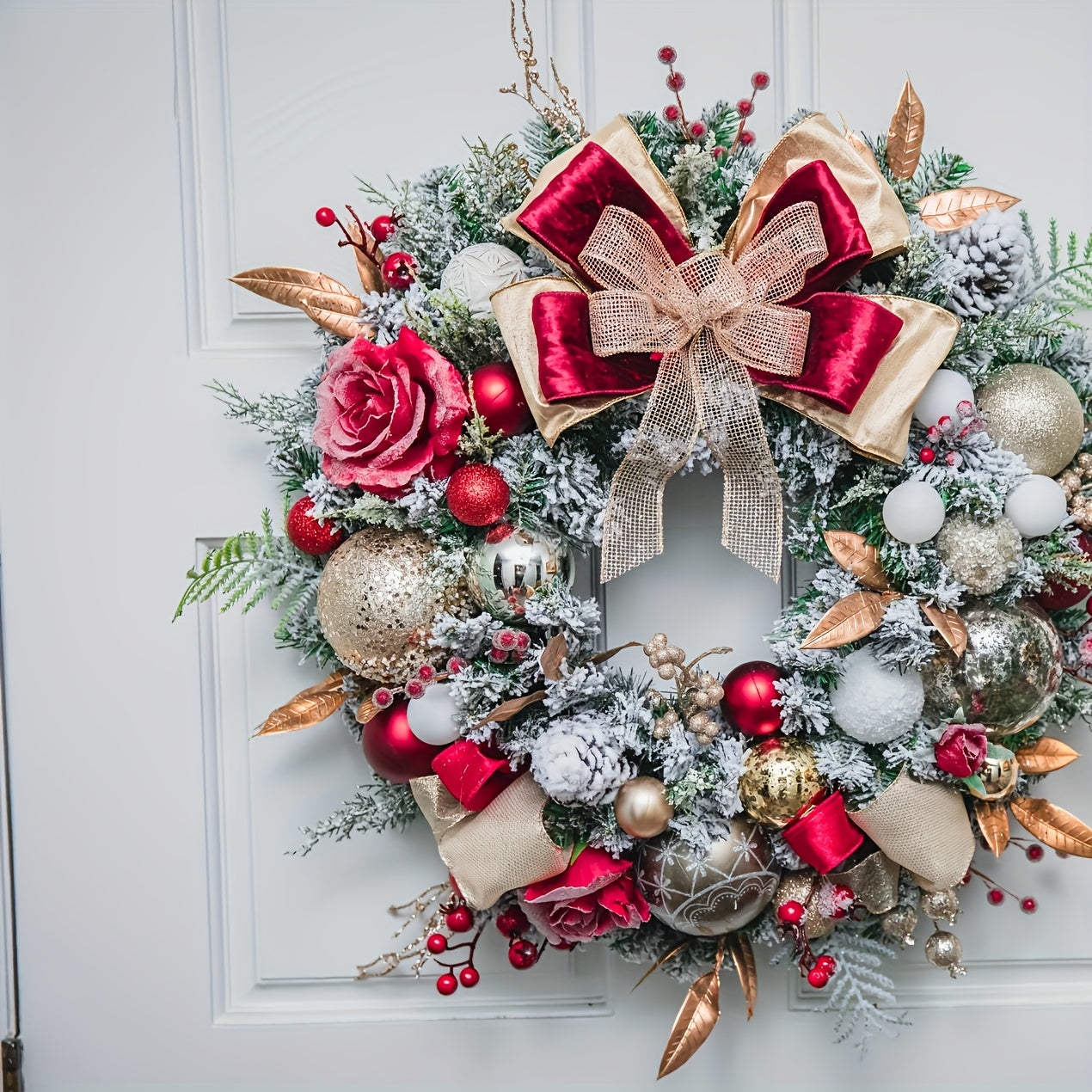 Elegant Red & Golden Christmas Wreath with Mixed Ribbons, Red Berries & Roses - Artificial Plastic Door Wreath for Indoor/Outdoor Holiday Decor, Perfect For Christmas, Halloween, Winter Celebrations, Christmas Decorations, Be