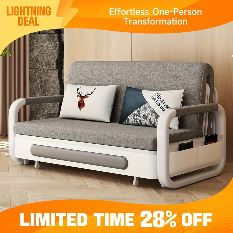 3-in-1 Multifunctional Sofa Bed with Wooden Storage Cabinet, Retractable Double Sofa Bed for Home Use, Space-Saving for Small Apartments, Straight-Line Light Grey Linen Fabric Cushioned Sofa Bed, Suitable for Living Room Or B