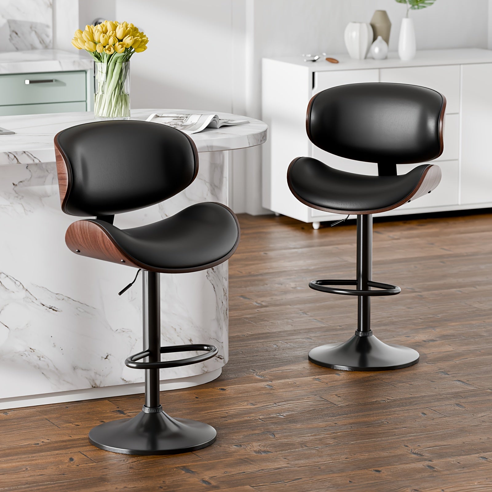 Bar Stools, Swivel Adjustable Height Barstools, PU Leather Upholstered Bar Chairs With Footrest, Bentwood Bar Stool For Kitchen, Bar, Dining Room