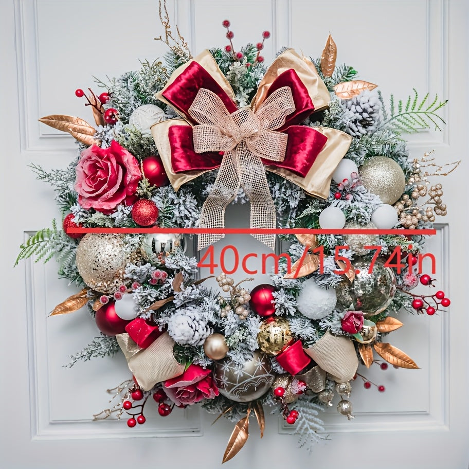 Elegant Red & Golden Christmas Wreath with Mixed Ribbons, Red Berries & Roses - Artificial Plastic Door Wreath for Indoor/Outdoor Holiday Decor, Perfect For Christmas, Halloween, Winter Celebrations, Christmas Decorations, Be