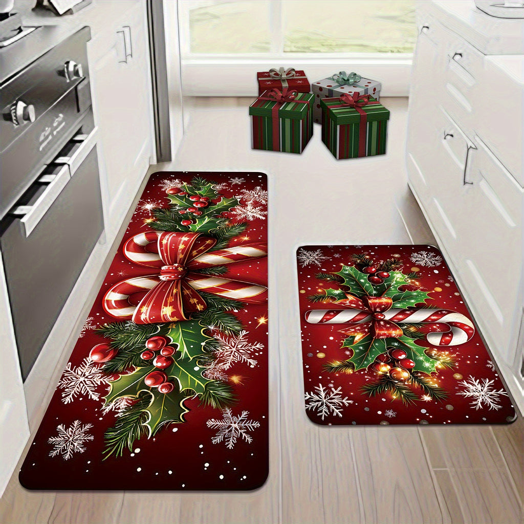 2/3pcs Merry Christmas Winter Decor Candy Canes Holly Snowflake Kitchen Mat Set, Luxury Holiday Red Green Memory Foam Mat for Easy Cleaning - Festive Home Gift