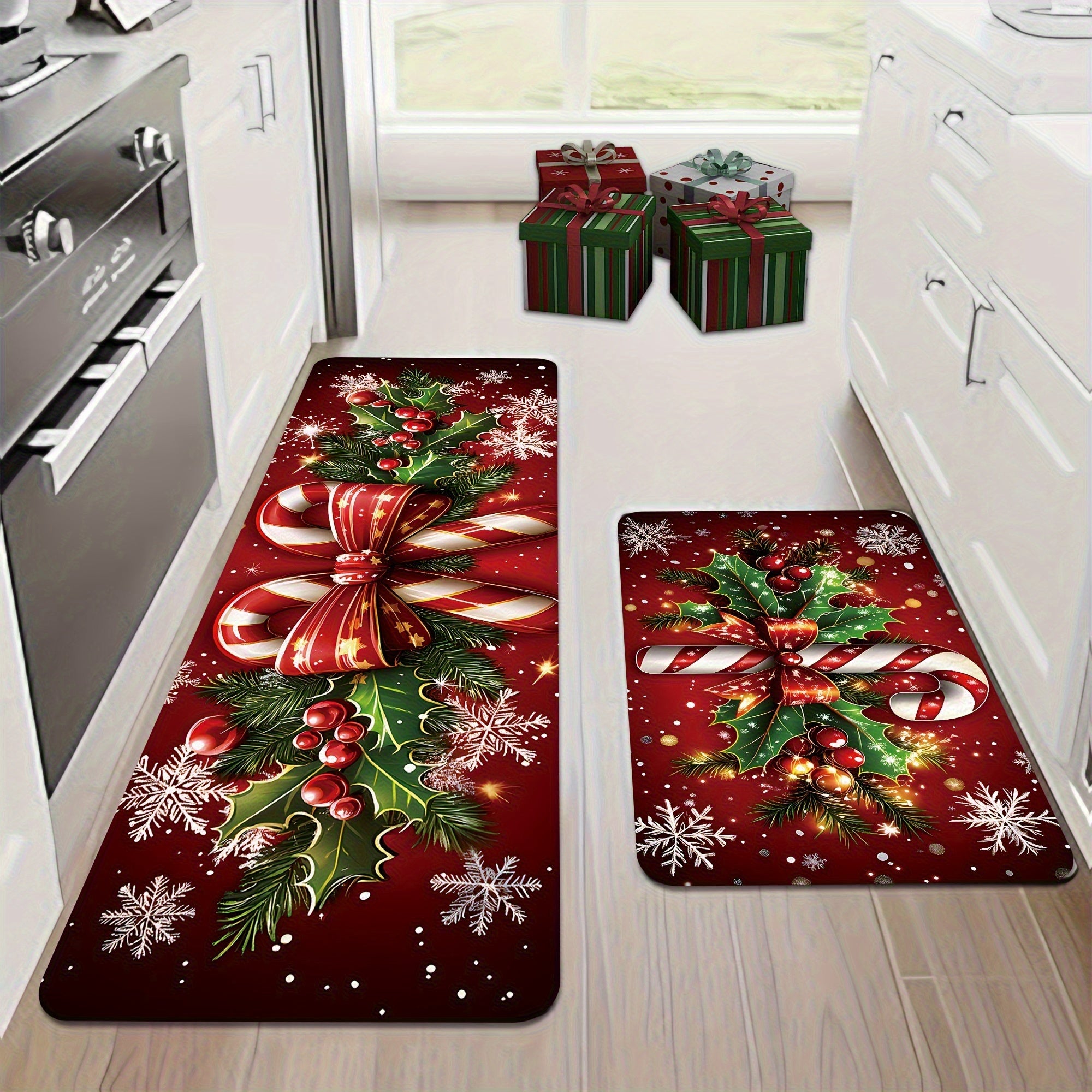 2/3pcs Merry Christmas Winter Decor Candy Canes Holly Snowflake Kitchen Mat Set, Luxury Holiday Red Green Memory Foam Mat for Easy Cleaning - Festive Home Gift