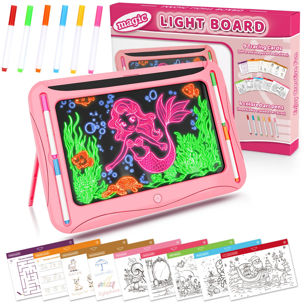 LED Light-Up Drawing Writing Doodle Board, Learning Travel Toy with 9 Double-Sided Cards, 6 Markers, Art Set, Suitable for Birthday Gifts And Christmas Gifts for Girls And Boys Aged 3-8.
