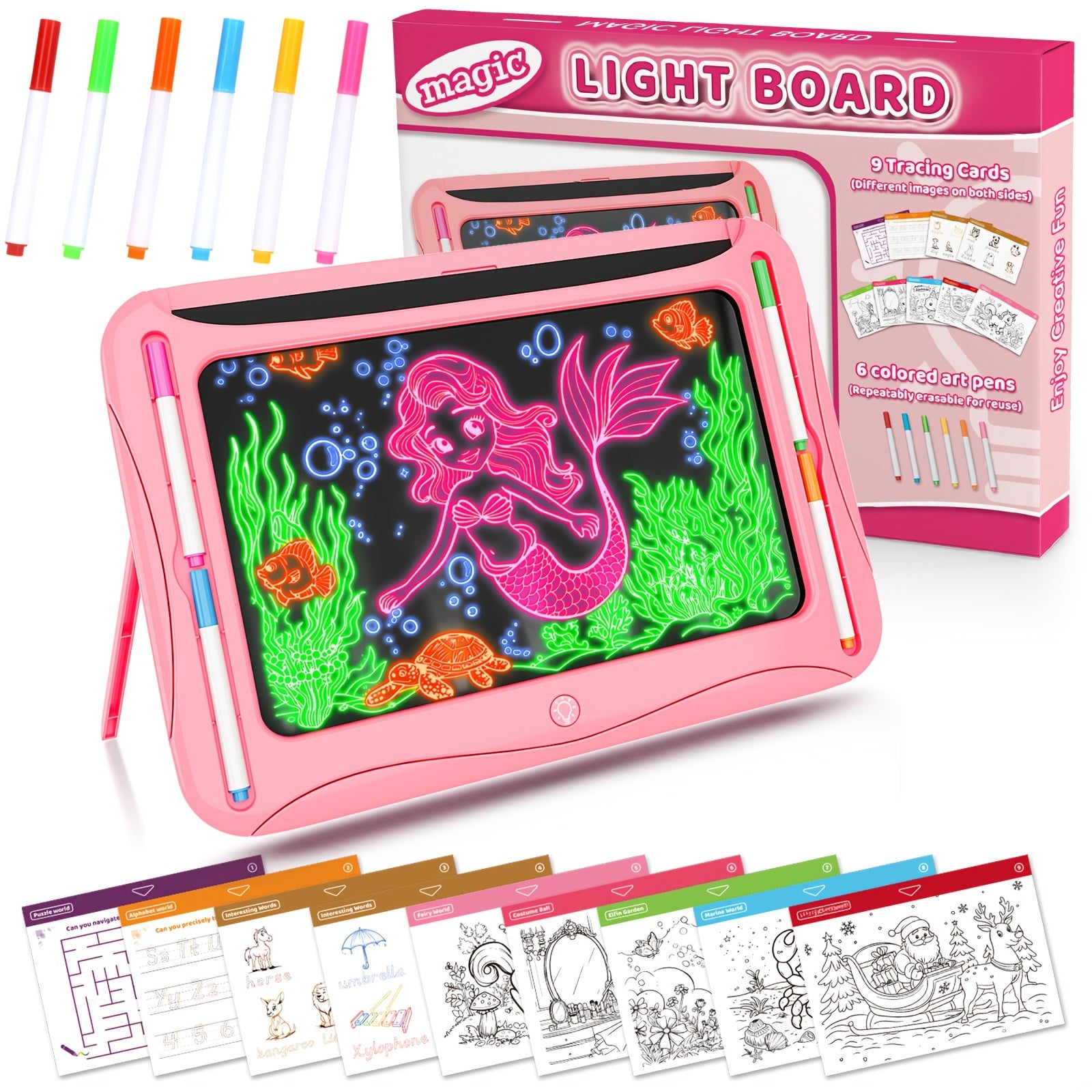 LED Light-Up Drawing Writing Doodle Board, Learning Travel Toy with 9 Double-Sided Cards, 6 Markers, Art Set, Suitable for Birthday Gifts And Christmas Gifts for Girls And Boys Aged 3-8.