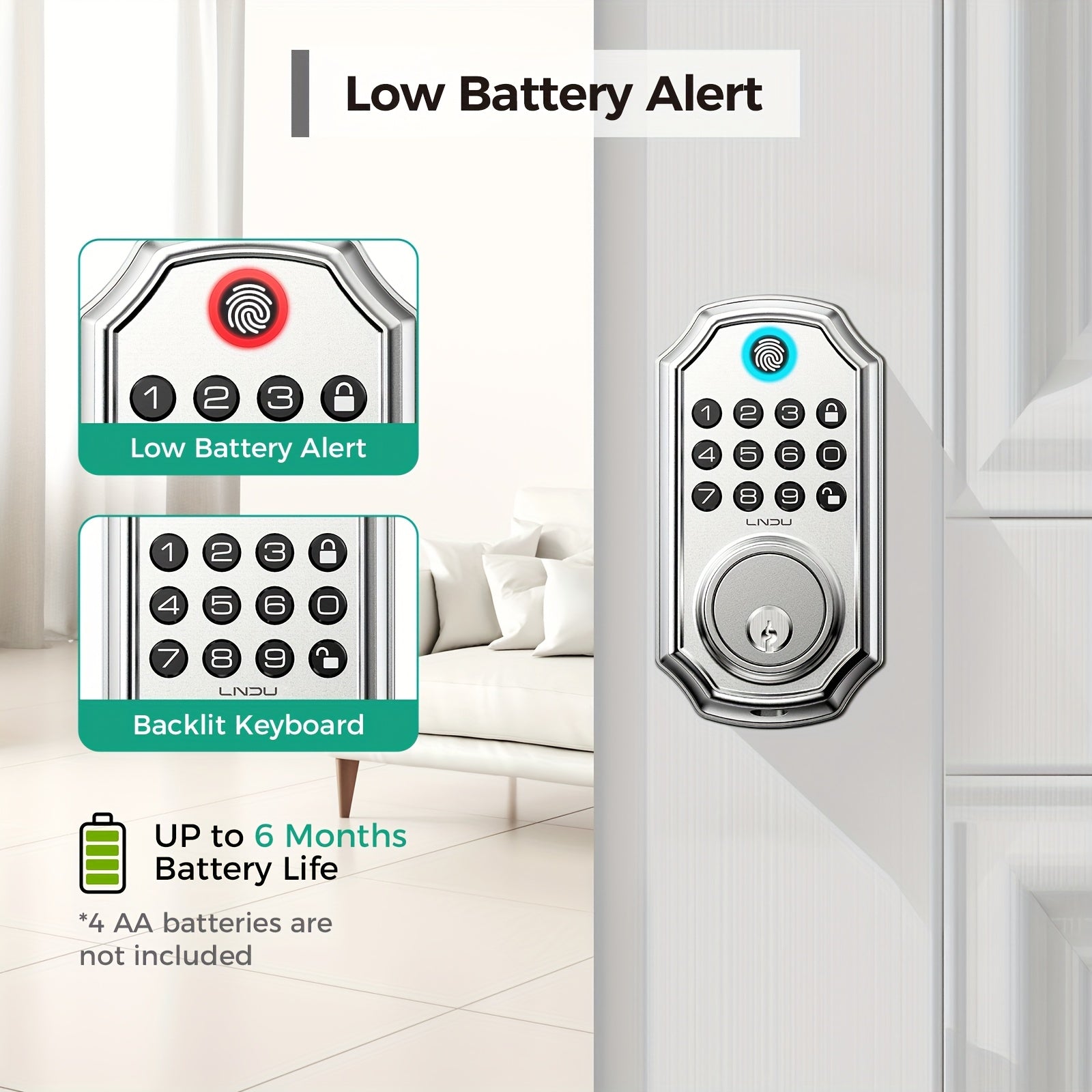 D280 Smart 5-in-1 Fingerprint Door Lock, Keyless Entry Door Lock, Biometric Technology with Memory Function, Fits Most Standard Doors, Unlocking Log, Durable, 100 Passcodes, Temporary Sharing, Anti-Snoop Passcode