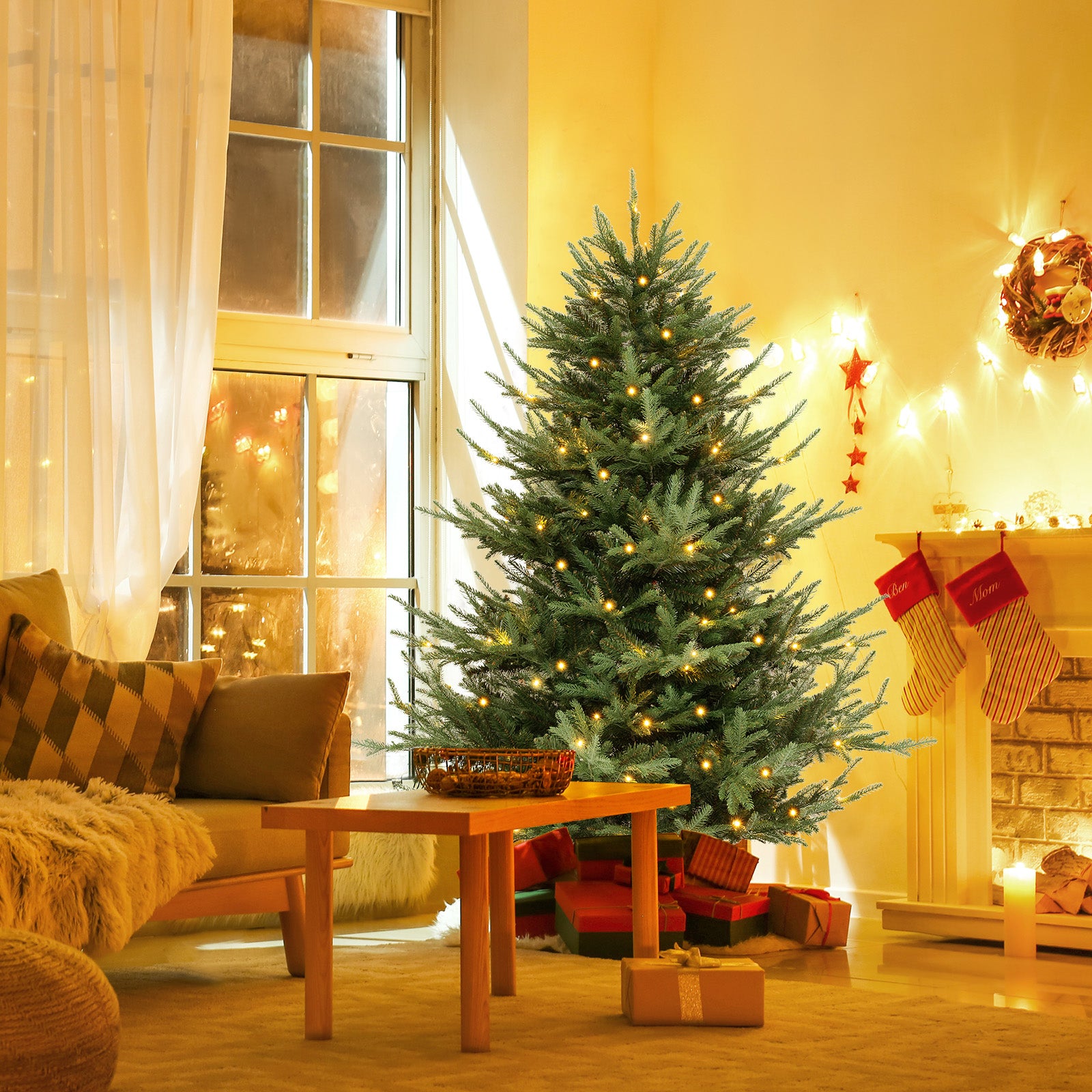 COSTWAY 6/7/8 FT Pre-Lit Artificial Tree, Hinged Xmas Tree w/ 778/1090/1480 PVC & PE Branch Tips, 240/340/450 Warm White LED Lights, 8 Modes, Foldable Metal Stand, Holiday Full Tree Seasonal Home Office Party Decoration