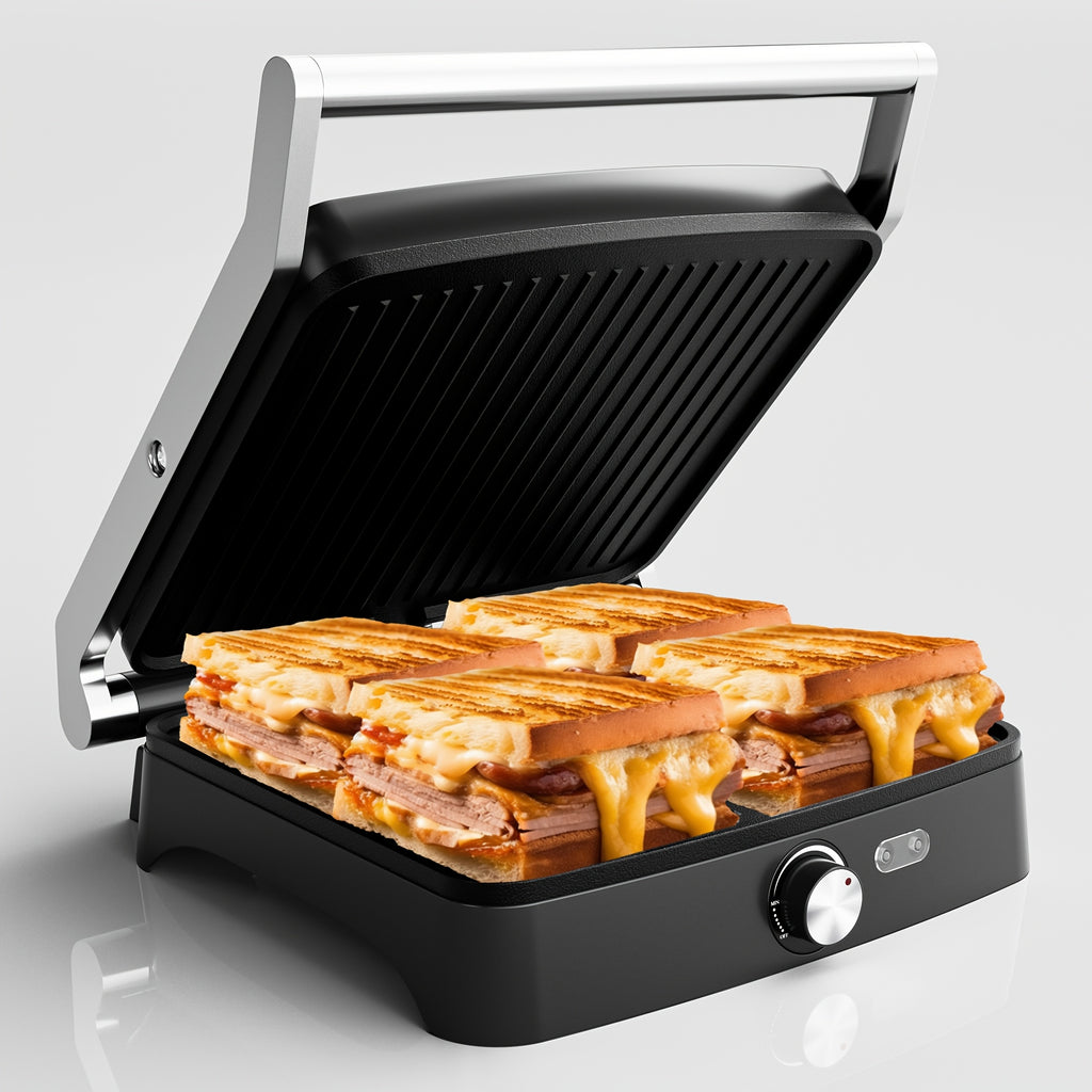 1600W Electric Panini Press Grill, 4-Slice Sandwich Maker Suitable for Indoor, Outdoor, Or Camping Use, Featuring Adjustable Temperature And Timer, Non-Stick Plates, And a Removable Drip Tray - Perfect for Bbqs And Pizzas