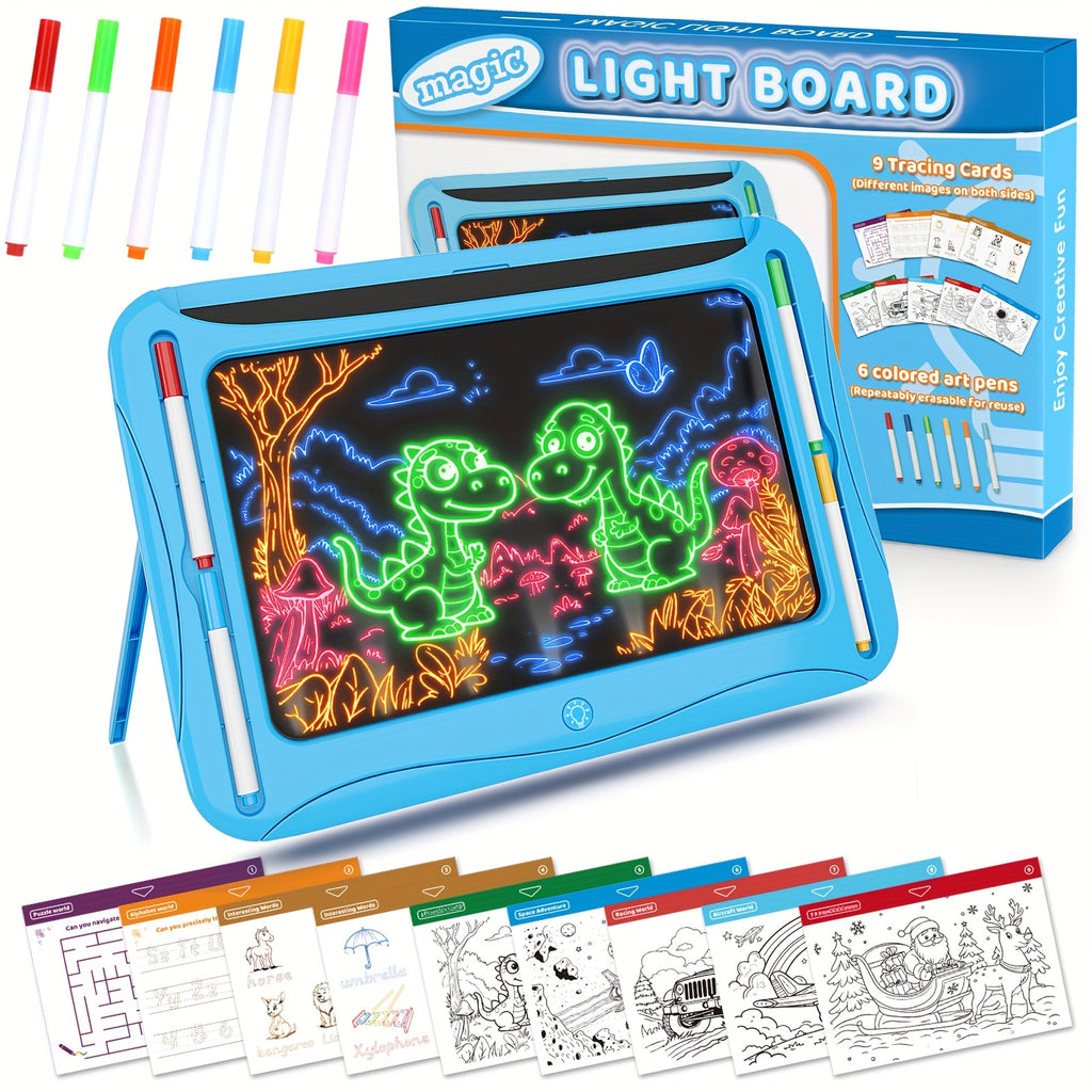 LED Light-Up Drawing Writing Doodle Board, Learning Travel Toy with 9 Double-Sided Cards, 6 Markers, Art Set, Suitable for Birthday Gifts And Christmas Gifts for Girls And Boys Aged 3-8.