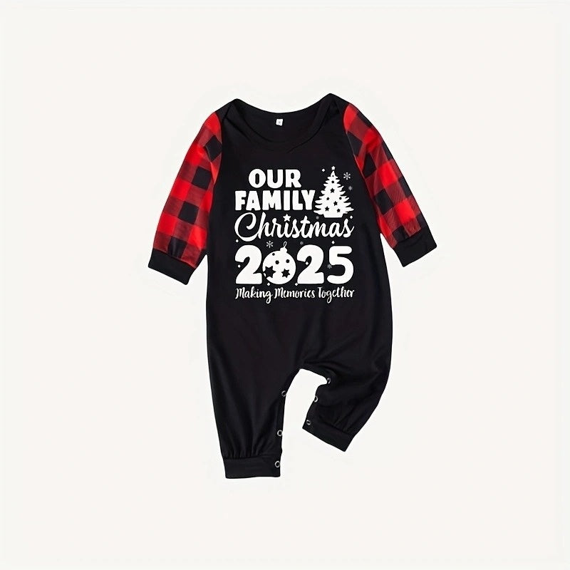 Two Piece Family Matching Christmas Pajamas Set 2025 PJ Party Holiday Gift For Whole Family Flame Resistant Long Sleeve Crew Neck "Making Memories Together" Christmas Tree Contrast Print Black Red Plaid Splice Pants Machine W