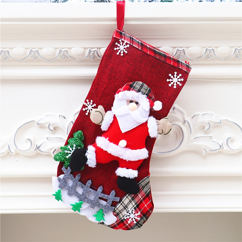 4pcs Christmas Gift Sock Set, Large Linen Candy Bags with Snowflake, Santa, Snowman, Reindeer, and Bear Patterns, Decorative Long Socks for Holiday Parties, Christmas Tree, or Fireplace, Christmas Socks, Christmas Home Decor,
