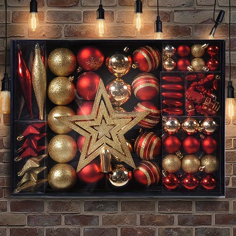 88 Red and Golden Christmas Set, Festive Painted Hanging Ornaments, Christmas Tree Topper, Unique Shaped Decorations, Suitable for Christmas Decoration and Christmas Ball Decorations