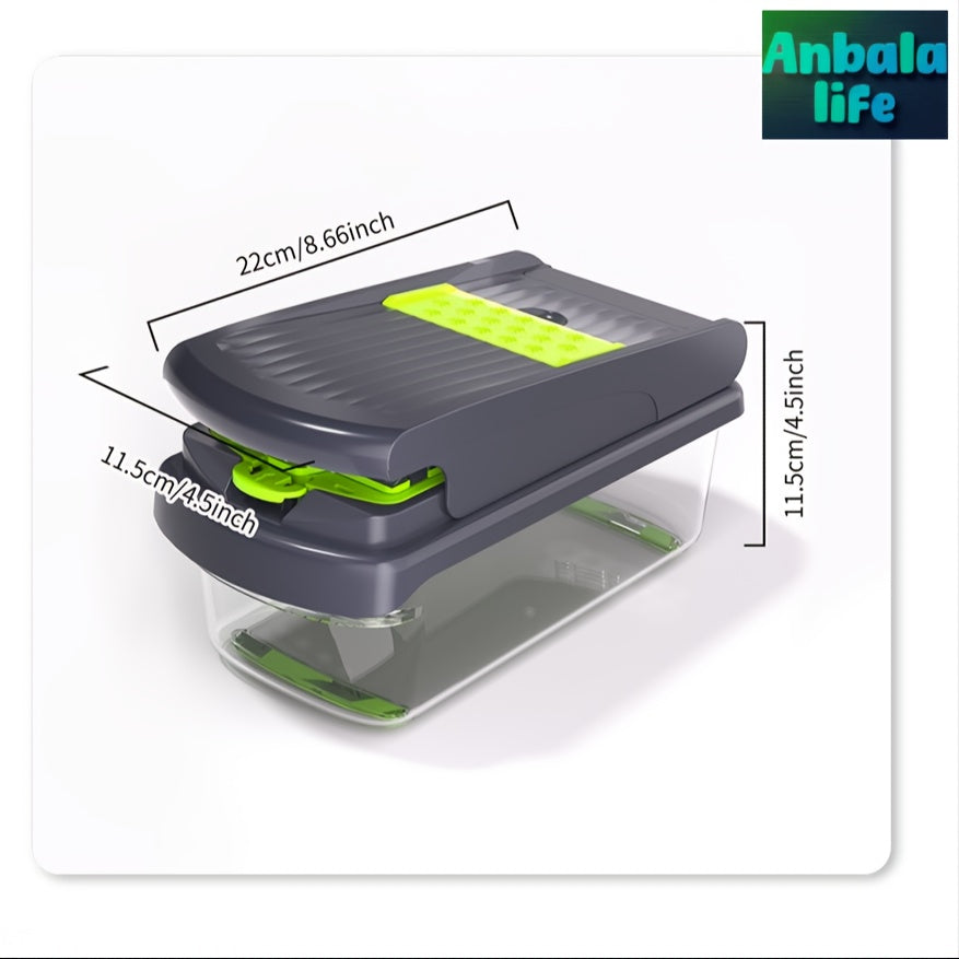 Anbala-14 1-in-1 Vegetable Chopper, Kitchen Gadgets, Vegetable Chopper, Food Chopper, Onion Chopper, Cucumber Slicer, Multifunctional Mandoline, with 7 Blades, Including Egg Separator and Finger Guards, Gray + White, French F