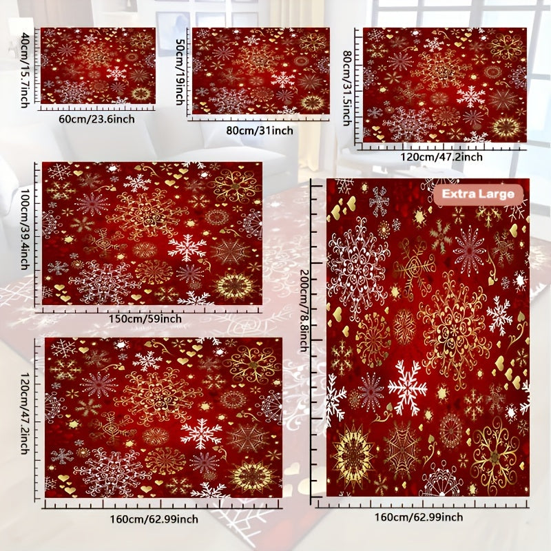 1pc Christmas Snowflake Area Mat - Red with Golden & White Snowflakes, Non-Slip Machine Washable Mat for Living Room, Bedroom, Entryway, Outdoor Patio & Garden Decor, Festive Holiday Home Decor, Rectangular Shape, Multiple Si