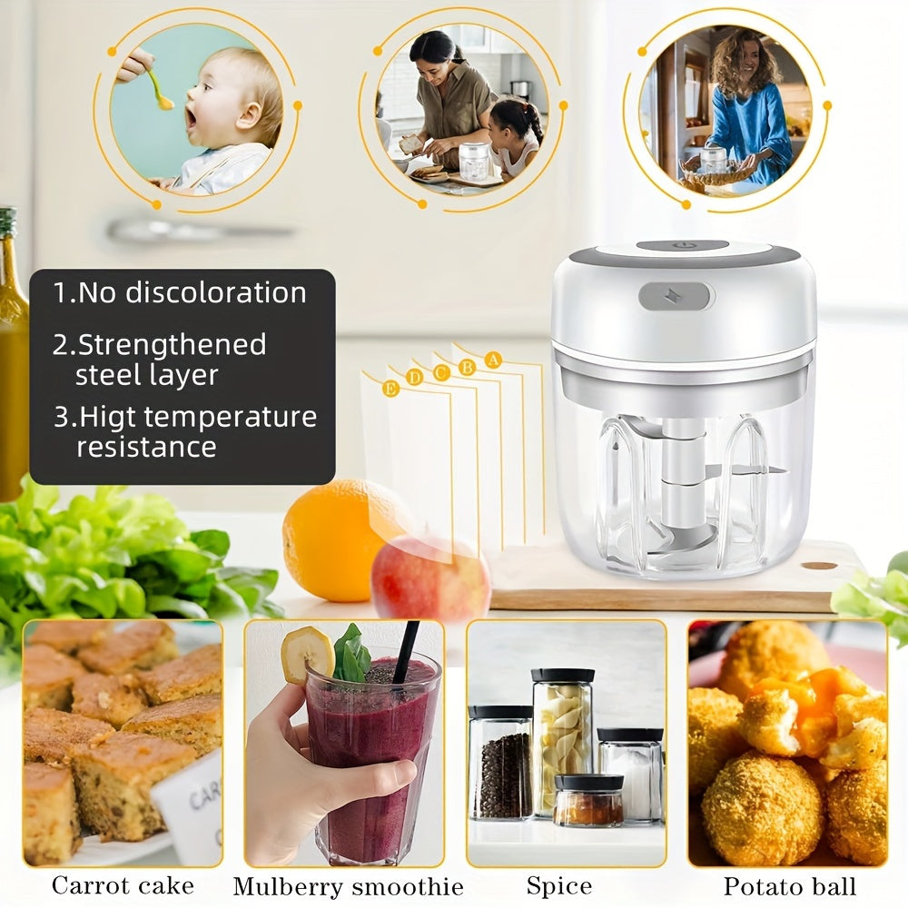 [RZSYZH Electric Food Processor] 1pc RZSYZH USB Rechargeable Electric Food Processor - 250ml, Stainless Steel Blades, Auto-Chopping, Multi-Color, Compact Design for Smoothies, Dough Kneading & Meal Prep, Durable Plastic Body
