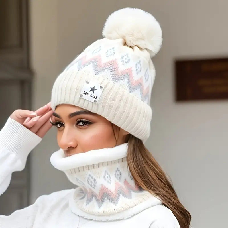 2pcs Winter Women'S Winter Hat and Scarf Set - Star Decoration Pink and White Striped Hat Soft Fleece Beige/Pink/White/Grey/Black, Elastic Stretch Fit, Comfortable Fleece Lining, Suitable for Skiing, Cycling, Daily Cold Weath