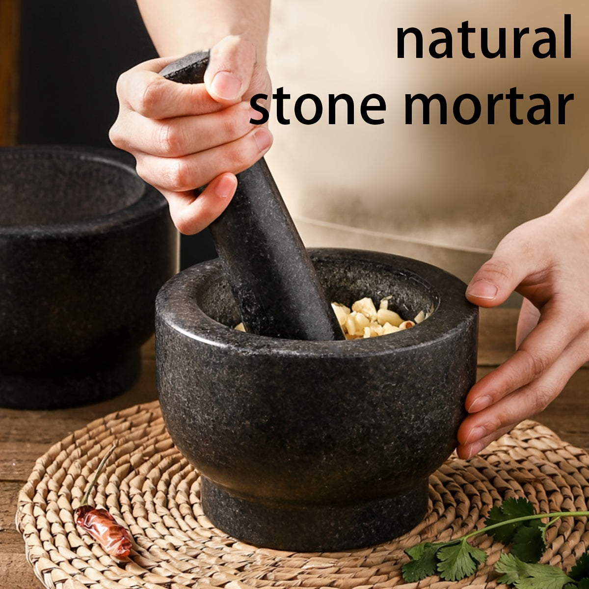 1 Set Blue Stone Polished Bowl Mortar, Natural Garlic Crusher, Grinder, Home Use Natural Stone Grinding and Crushing Tool for Seasonings, Grains, Beans, and Traditional Chinese Medicinal