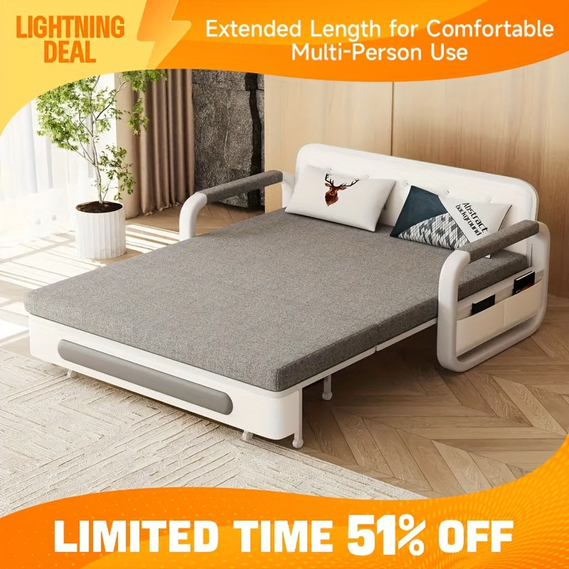 3-in-1 Multifunctional Sofa Bed with Wooden Storage Cabinet, Retractable Double Sofa Bed for Home Use, Space-Saving for Small Apartments, Straight-Line Light Grey Linen Fabric Cushioned Sofa Bed, Suitable for Living Room Or B