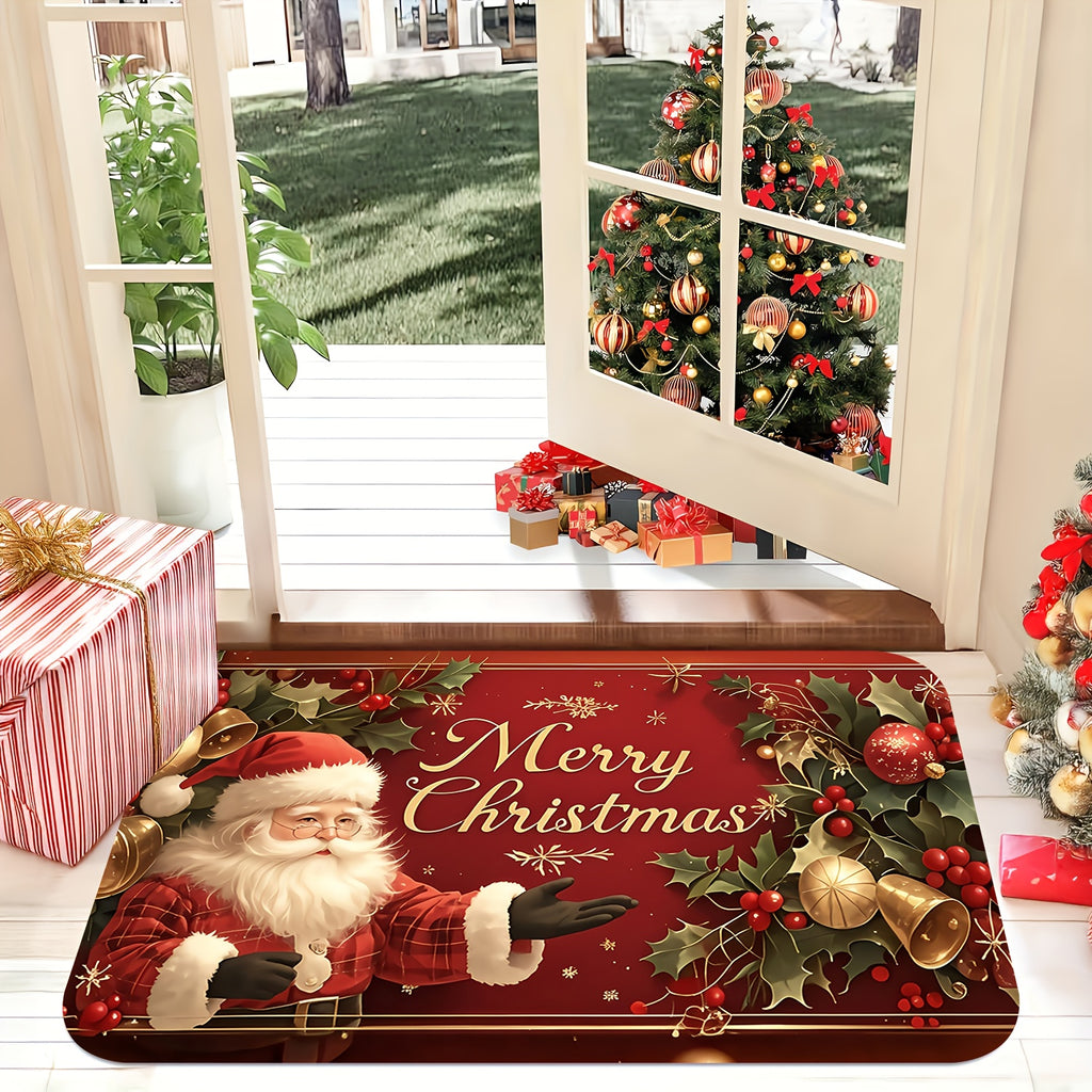 [Christmas Welcome Mat] 1pc Christmas Welcome Mat | Santa Claus & Tree Pattern | "Merry Christmas" Text | Machine Washable | Festive Holly Berry Golden Accents | Indoor/Outdoor Door Mat
