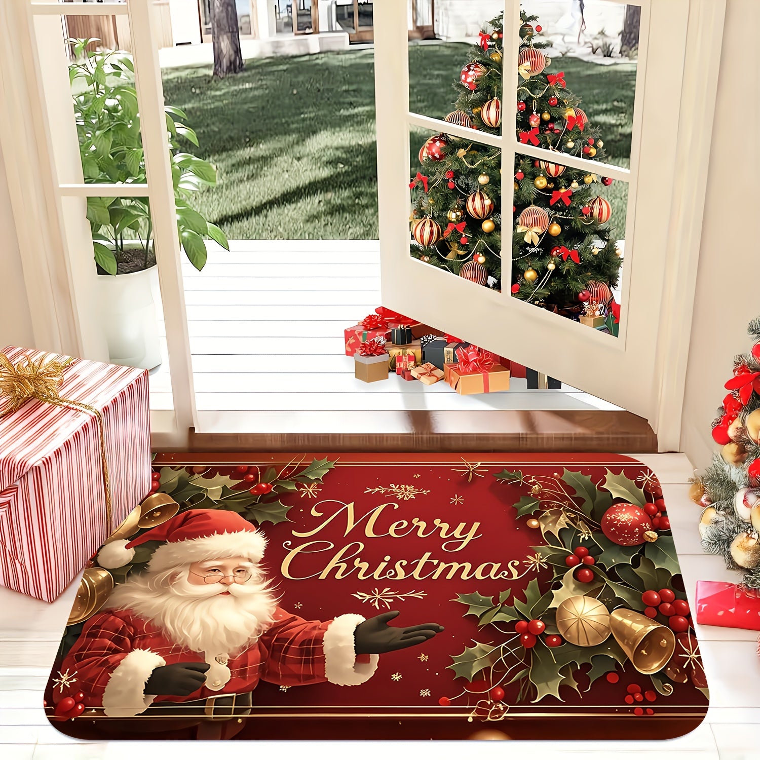 [Christmas Welcome Mat] 1pc Christmas Welcome Mat | Santa Claus & Tree Pattern | "Merry Christmas" Text | Machine Washable | Festive Holly Berry Golden Accents | Indoor/Outdoor Door Mat