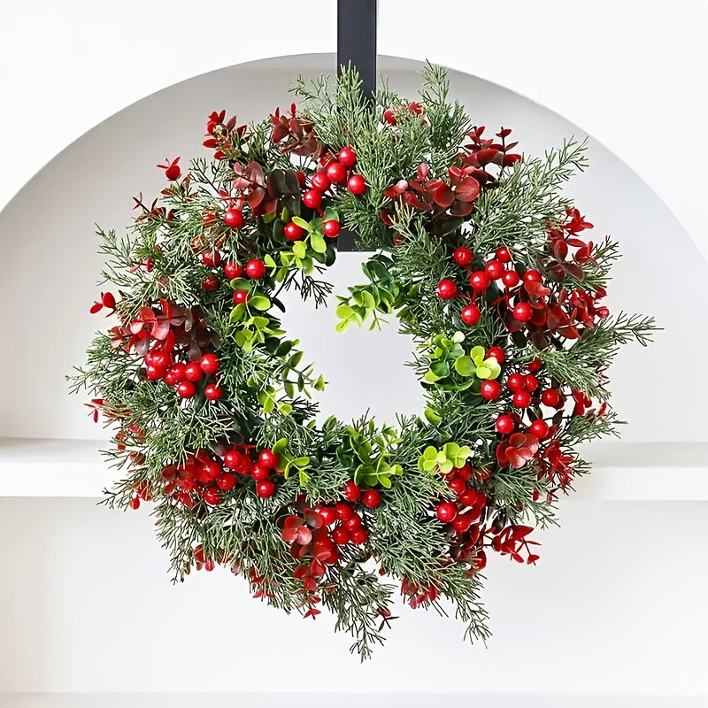 2025 Fall New Style 16.7-inch Christmas Wreath, Durable Non-Shedding｜with Red Berries, Pine Leaves and Green-Red Foliage - Heavy-Duty Plastic Indoor/Outdoor Door Decor Wall Fireplace Ornament No Electricity Needed All Weath