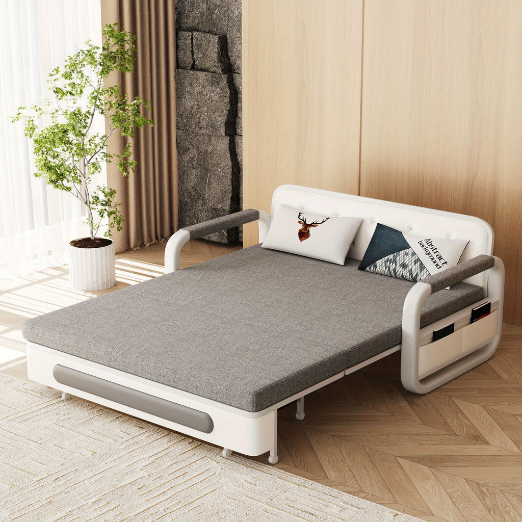 3-in-1 Multifunctional Sofa Bed with Wooden Storage Cabinet, Retractable Double Sofa Bed for Home Use, Space-Saving for Small Apartments, Straight-Line Light Grey Linen Fabric Cushioned Sofa Bed, Suitable for Living Room Or B