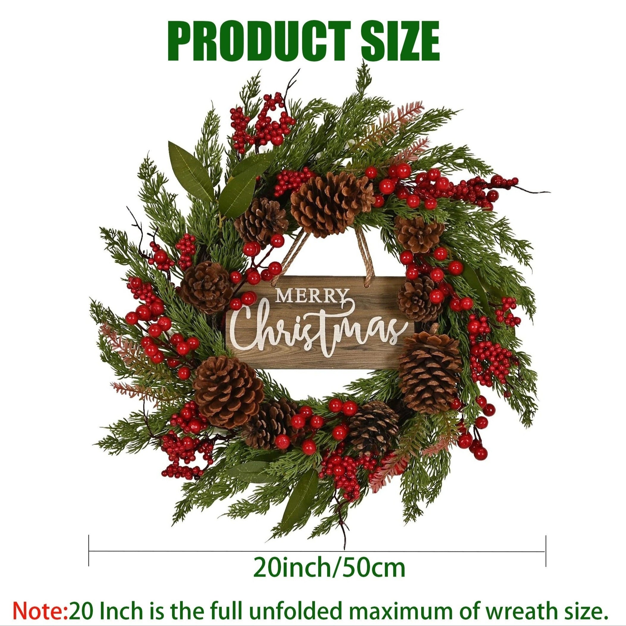 20-Inch Classic Christmas Wreath with Artificial Pinecones & Berries - "Merry Christmas" Festive Door Decor for Indoor/Outdoor Holiday Celebrations, Wall & Table Decoration, Holiday Decorations,halloween