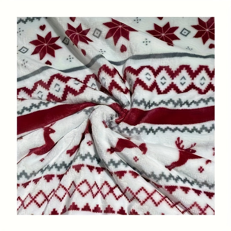 [Christmas Flannel Blanket] Christmas Double-Layer French Style Reindeer Snowflake Flannel Blanket | 100% Polyester Machine Washable Anti-Tear All-Season Throw for Couch, Bed, Home Decor (White with Red & Green Holiday Design