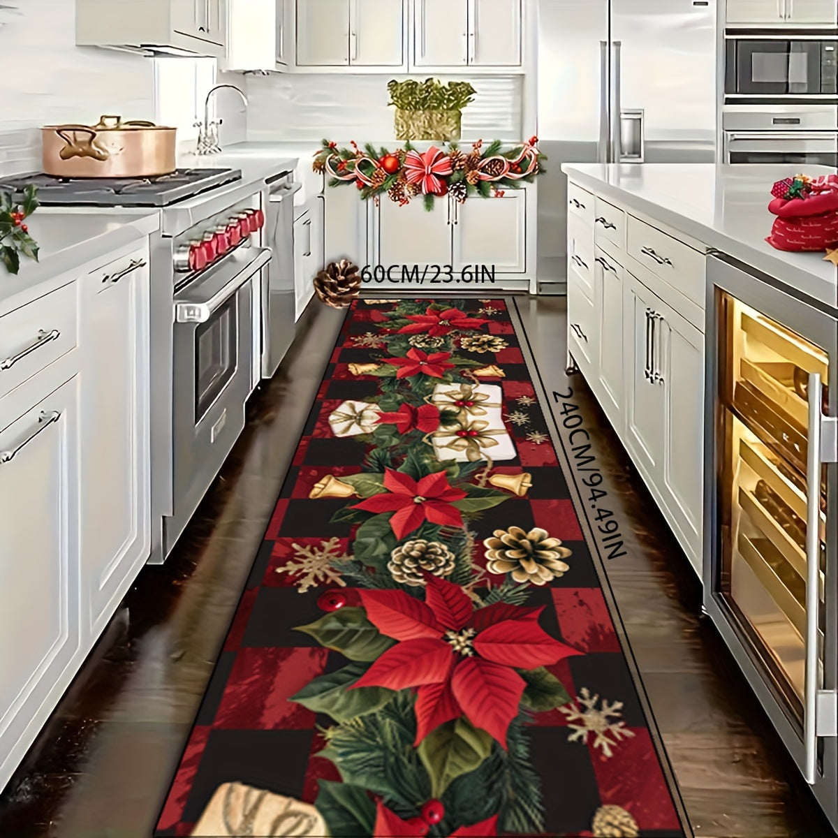 Crystal Velvet + Weight 850g + Thickness 6mm 1pc Christmas Decoration Crystal Velvet Corridor Long Mat Floral and Red Plaid Design Living Room Decorative Mat Soft, Comfortable, Easy to Clean Machine Wash Suitable for Kitchen