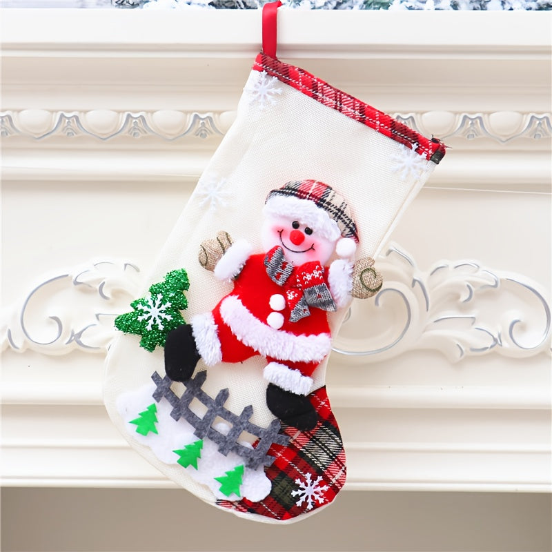 4pcs Christmas Gift Sock Set, Large Linen Candy Bags with Snowflake, Santa, Snowman, Reindeer, and Bear Patterns, Decorative Long Socks for Holiday Parties, Christmas Tree, or Fireplace, Christmas Socks, Christmas Home Decor,
