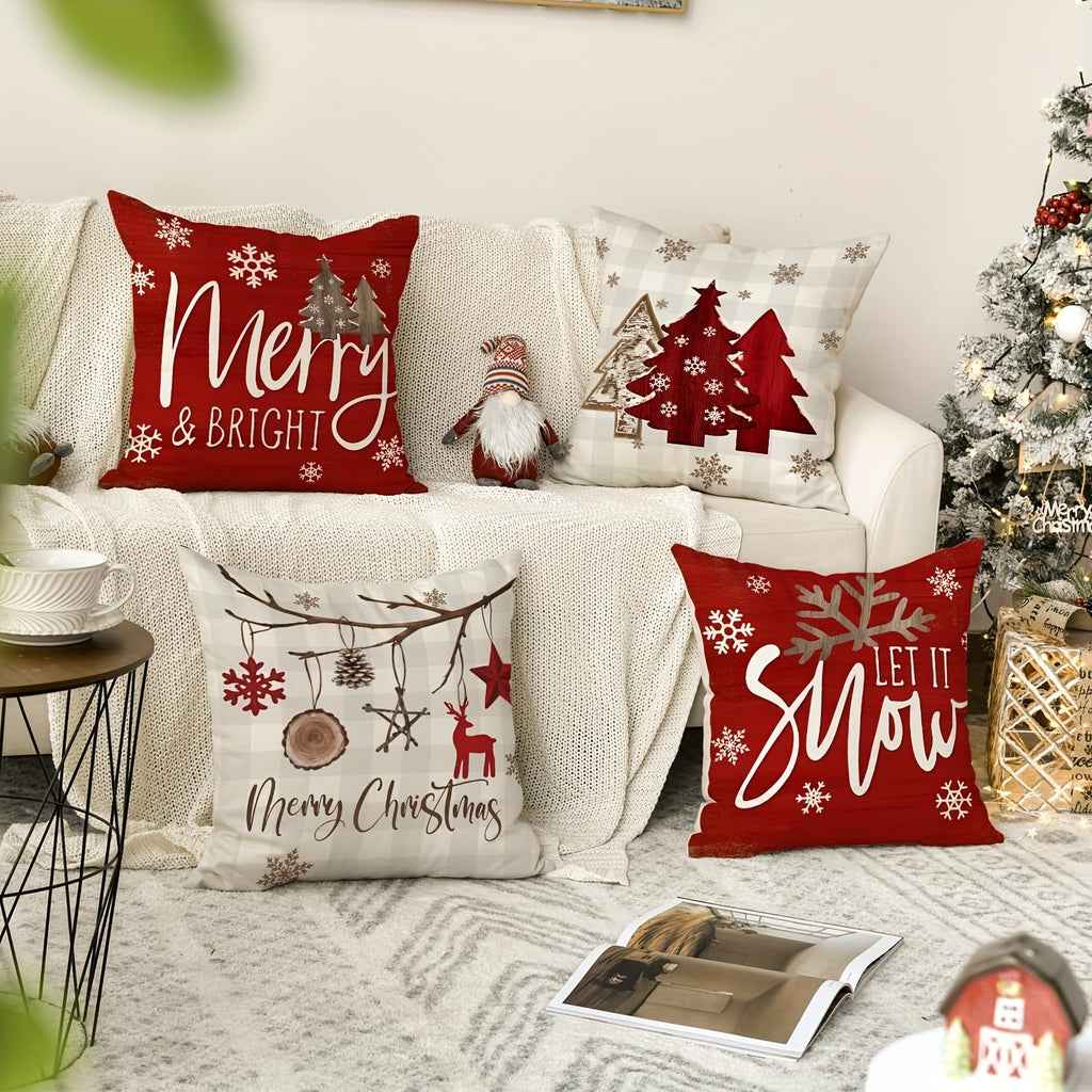 4pcs Merry & Bright Christmas Let It Snow Snowflake Buffalo Plaid Throw Pillow Covers, Red Xmas Trees Winter Holiday Cushion Case Decoration for Sofa Couch